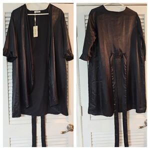 Black Satin Open-Front Kimono Robe